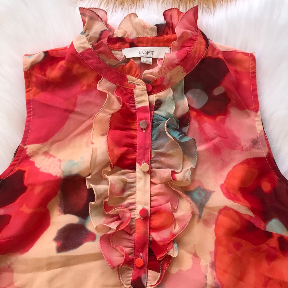 LOFT | Bright Pink Watercolor Ruffle Blouse for Spring